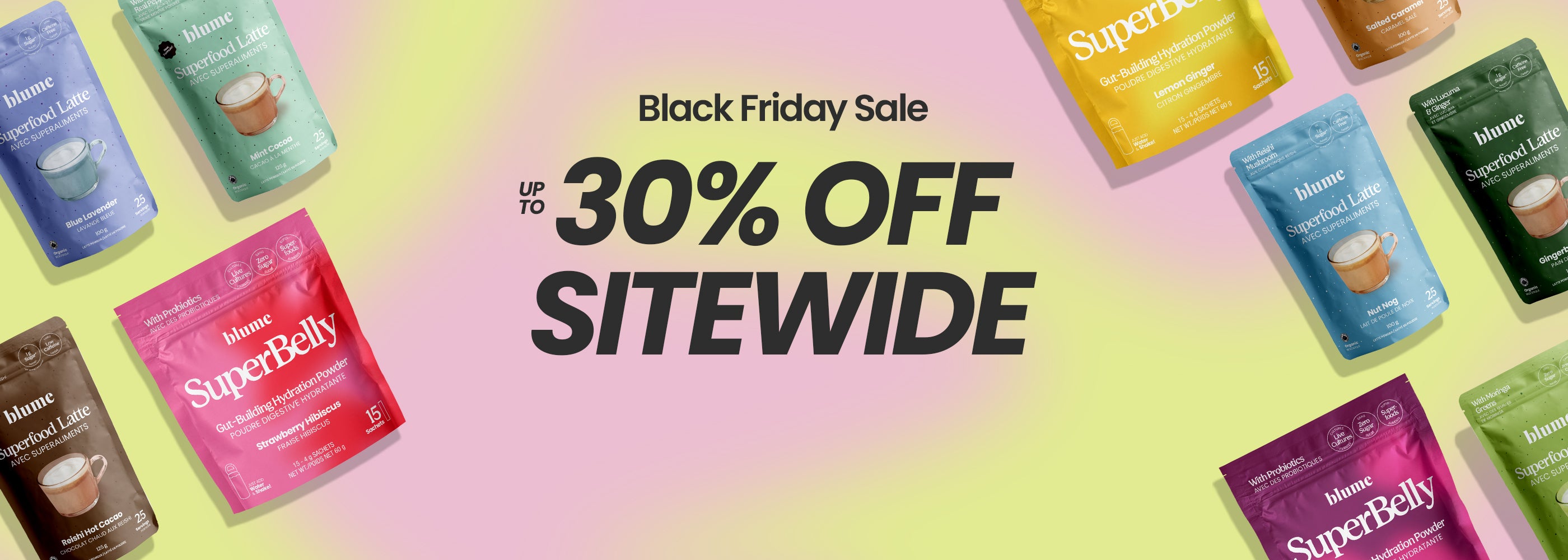 Colorful packaging of SuperBelly products surrounding bold text on a gradient background: Black Friday Sale Up to 30% Off Sitewide.